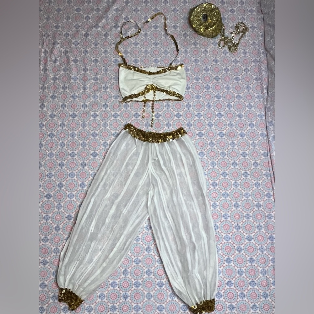 Girls Medium & Small white &gold dance costume belly dancer Aladdin Jasmin genie